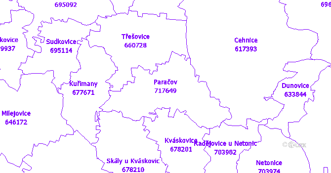 Katastrální mapa Paračov - přehledová mapa katastrálního území