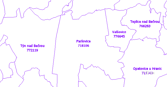 Katastrální mapa Paršovice - přehledová mapa katastrálního území