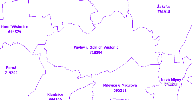 Katastrální mapa Pavlov u Dolních Věstonic - přehledová mapa katastrálního území