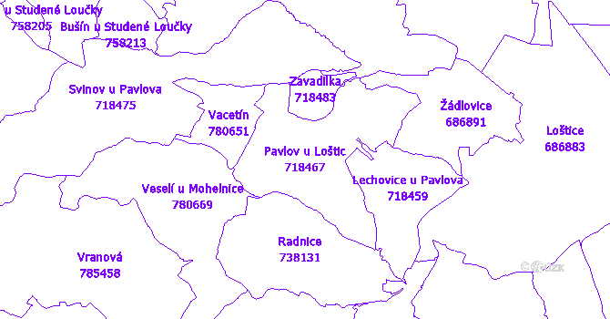 Katastrální mapa Pavlov u Loštic - přehledová mapa katastrálního území