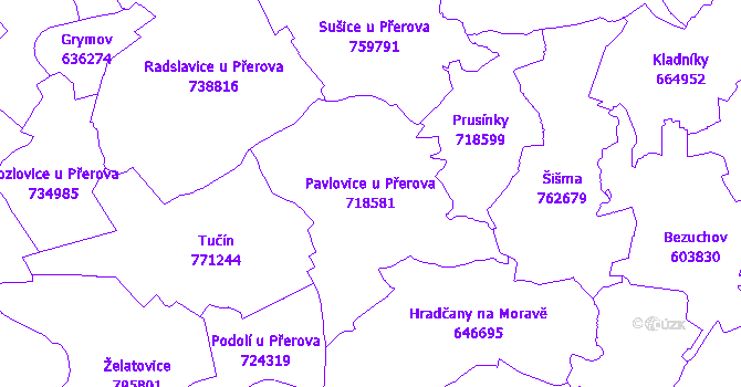Katastrální mapa Pavlovice u Přerova - přehledová mapa katastrálního území