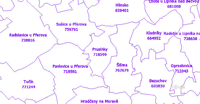 Katastrální mapa Prusínky - přehledová mapa katastrálního území