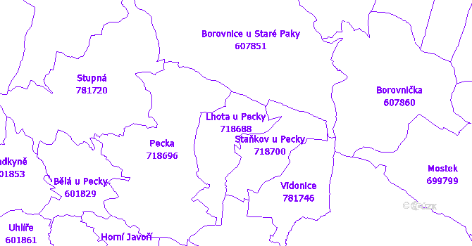 Katastrální mapa Lhota u Pecky - přehledová mapa katastrálního území