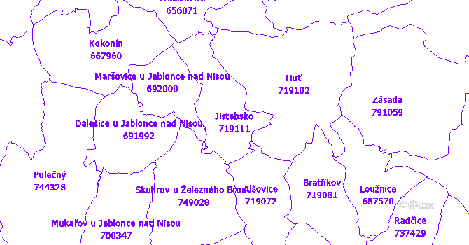 Katastrální mapa Jistebsko - přehledová mapa katastrálního území