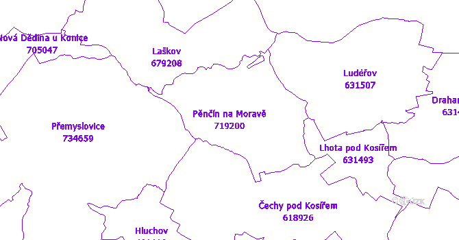 Katastrální mapa Pěnčín na Moravě - přehledová mapa katastrálního území