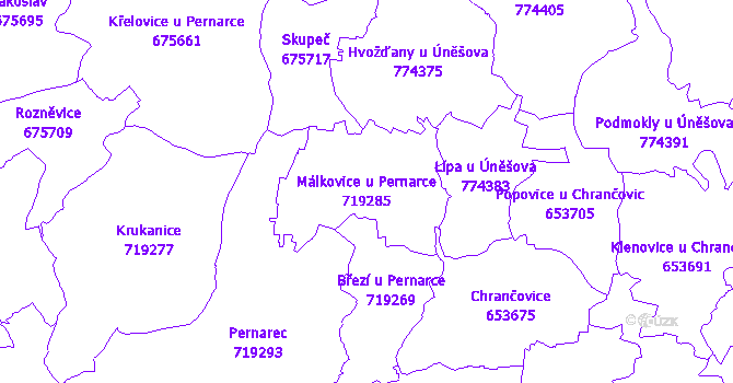 Katastrální mapa Málkovice u Pernarce - přehledová mapa katastrálního území