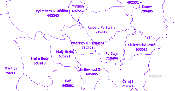 Katastrální mapa Ondřejov u Perštejna - přehledová mapa katastrálního území