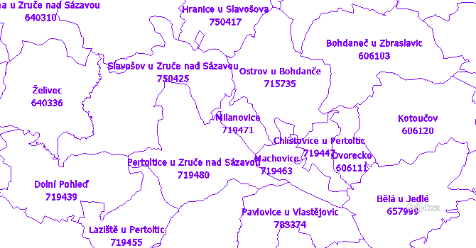Katastrální mapa Milanovice - přehledová mapa katastrálního území