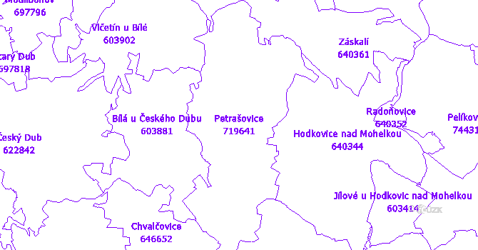 Katastrální mapa Petrašovice - přehledová mapa katastrálního území