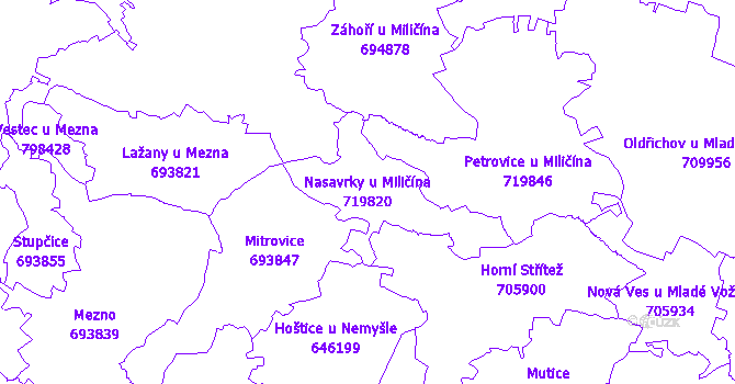Katastrální mapa Nasavrky u Miličína - přehledová mapa katastrálního území