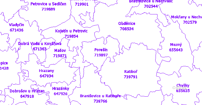 Katastrální mapa Porešín - přehledová mapa katastrálního území