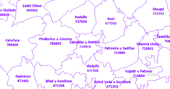Katastrální mapa Zahrádka u Petrovic - přehledová mapa katastrálního území