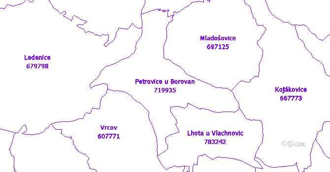 Katastrální mapa Petrovice u Borovan - přehledová mapa katastrálního území