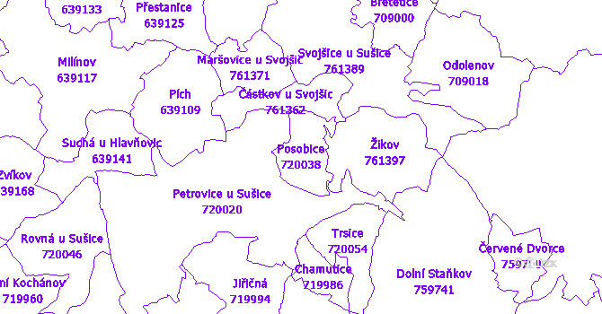 Katastrální mapa Posobice - přehledová mapa katastrálního území