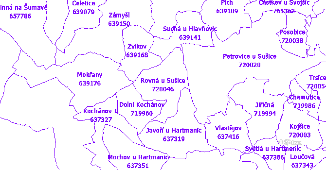 Katastrální mapa Rovná u Sušice - přehledová mapa katastrálního území