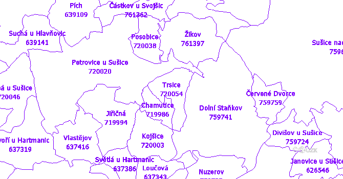 Katastrální mapa Trsice - přehledová mapa katastrálního území
