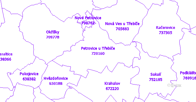 Katastrální mapa Petrovice u Třebíče - přehledová mapa katastrálního území