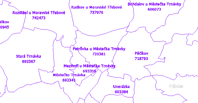 Katastrální mapa Petrůvka u Městečka Trnávky - přehledová mapa katastrálního území