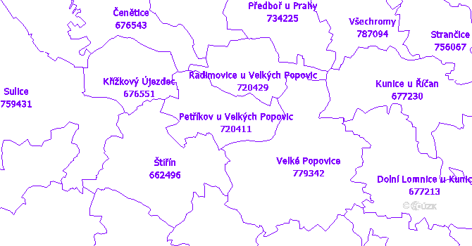 Katastrální mapa Petříkov u Velkých Popovic - přehledová mapa katastrálního území