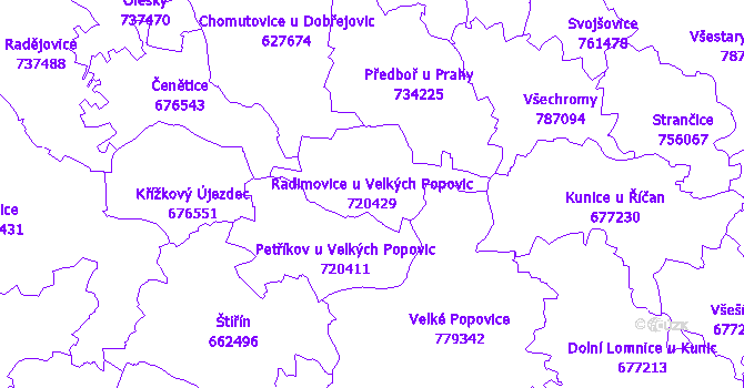 Katastrální mapa Radimovice u Velkých Popovic - přehledová mapa katastrálního území