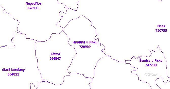 Katastrální mapa Hradiště u Písku - přehledová mapa katastrálního území