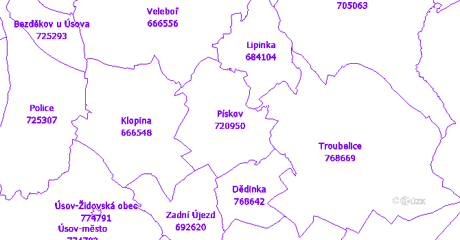 Katastrální mapa Pískov - přehledová mapa katastrálního území