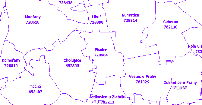 Katastrální mapa Písnice - přehledová mapa katastrálního území