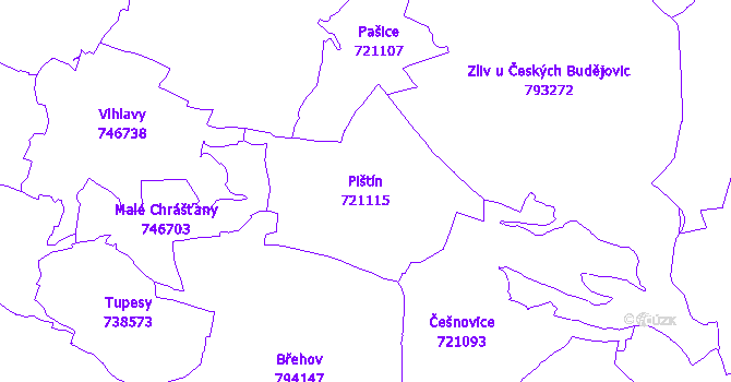 Katastrální mapa Pištín - přehledová mapa katastrálního území