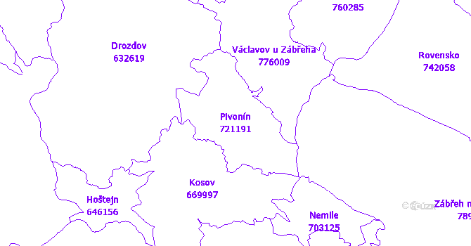 Katastrální mapa Pivonín - přehledová mapa katastrálního území