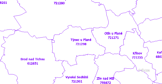Katastrální mapa Týnec u Plané - přehledová mapa katastrálního území
