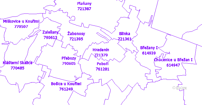 Katastrální mapa Hradenín - přehledová mapa katastrálního území