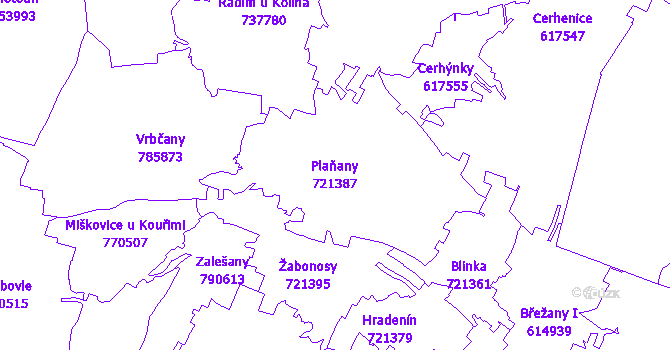 Katastrální mapa Plaňany - přehledová mapa katastrálního území