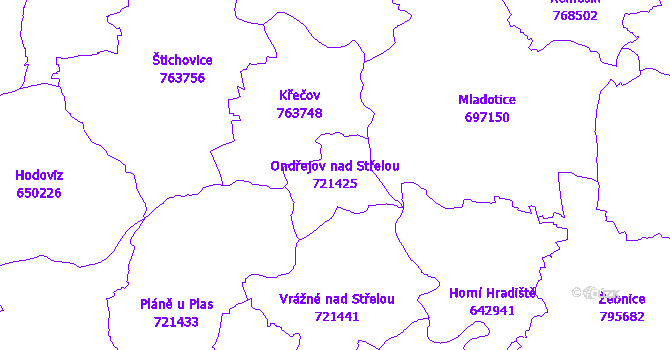 Katastrální mapa Ondřejov nad Střelou - přehledová mapa katastrálního území