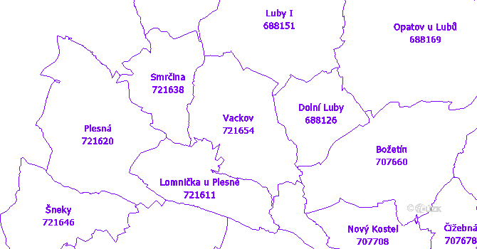 Katastrální mapa Vackov - přehledová mapa katastrálního území