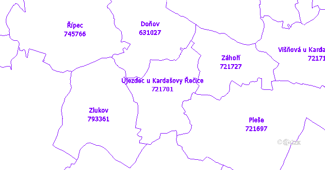 Katastrální mapa Újezdec u Kardašovy Řečice - přehledová mapa katastrálního území
