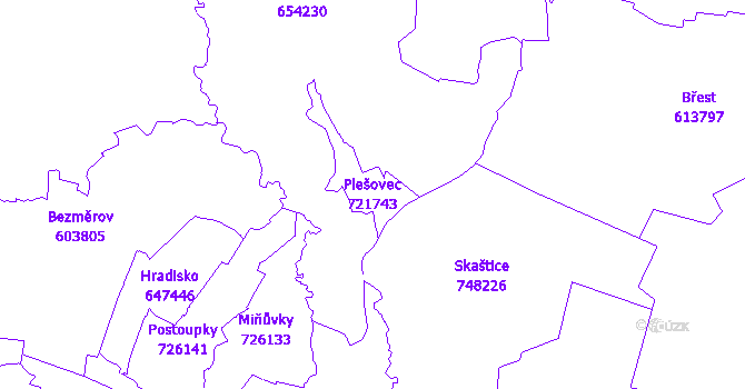 Katastrální mapa Plešovec - přehledová mapa katastrálního území