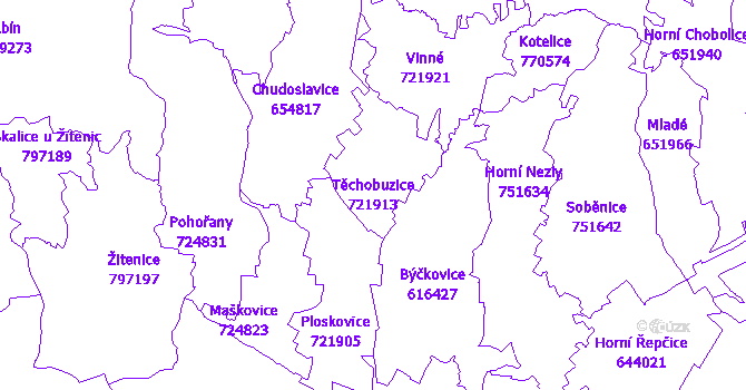 Katastrální mapa Těchobuzice - přehledová mapa katastrálního území