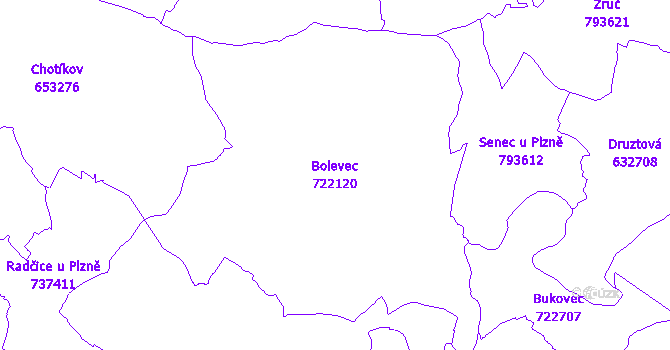 Katastrální mapa Bolevec - přehledová mapa katastrálního území