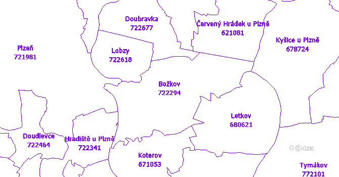 Katastrální mapa Božkov - přehledová mapa katastrálního území