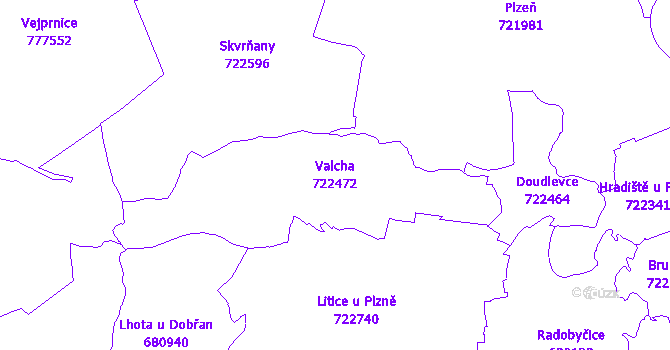 Katastrální mapa Valcha - přehledová mapa katastrálního území