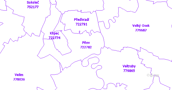 Katastrální mapa Pňov - přehledová mapa katastrálního území