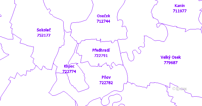 Katastrální mapa Předhradí - přehledová mapa katastrálního území