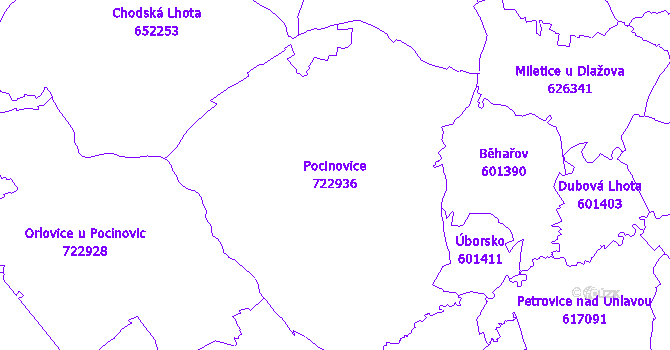 Katastrální mapa Pocinovice - přehledová mapa katastrálního území