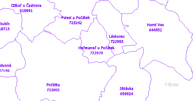 Katastrální mapa Heřmaneč u Počátek - přehledová mapa katastrálního území