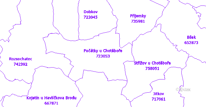 Katastrální mapa Počátky u Chotěboře - přehledová mapa katastrálního území