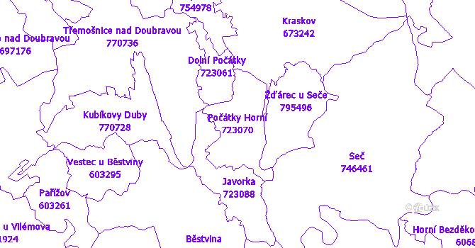Katastrální mapa Počátky Horní - přehledová mapa katastrálního území