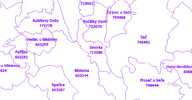 Katastrální mapa Javorka - přehledová mapa katastrálního území
