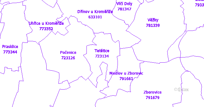 Katastrální mapa Tetětice - přehledová mapa katastrálního území