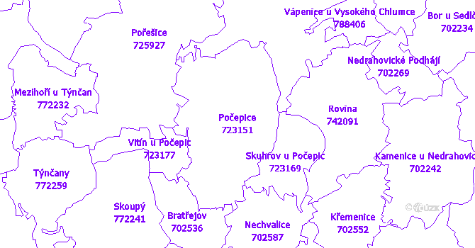 Katastrální mapa Počepice - přehledová mapa katastrálního území