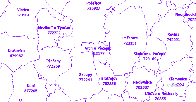 Katastrální mapa Vitín u Počepic - přehledová mapa katastrálního území